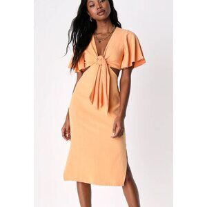Lulus Vacation Dress - Summer Journey Light Orange Tie-Front Cutout Midi Dress